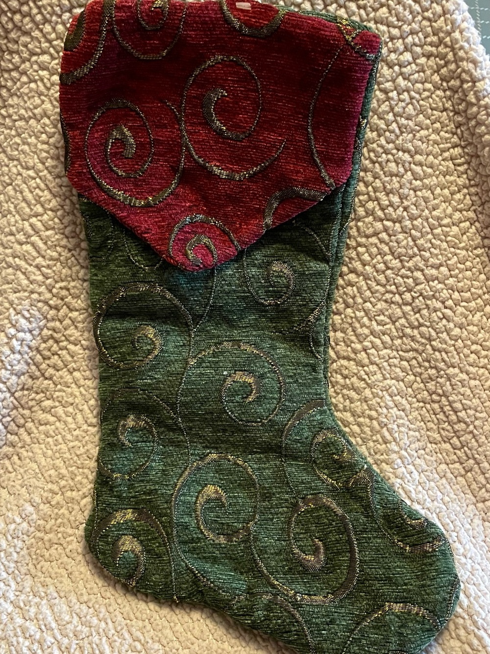 2 Festive Green/Burgundy Holiday Stocking - Decorative Swirl Design